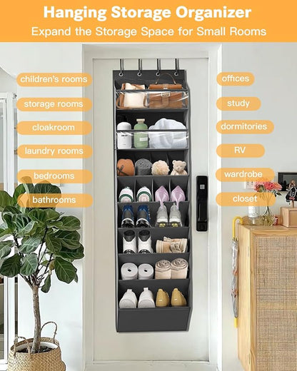 Over The Door Shoe Storage Organizer, 8 Tiers Hanging Shoe Rack Behind Door Shoe Holder with 6 Large Deep Pockets 8 Small Pockets, Narrow Shoe Rack for Closet Bedroom Bathroom Nursery RV Dorm, Black