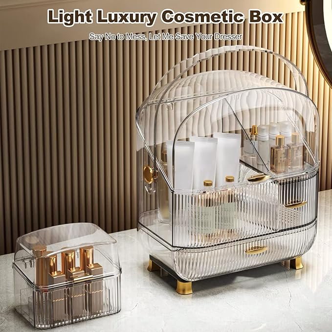 Ergocar Galatée Portable Retro Series Multi-Function Make Up Case Dustproof Cosmetic Storage Box,Cosmetics Skin Care Products Jewelry Organizer Finishing Box - High Transparency + Lipstick