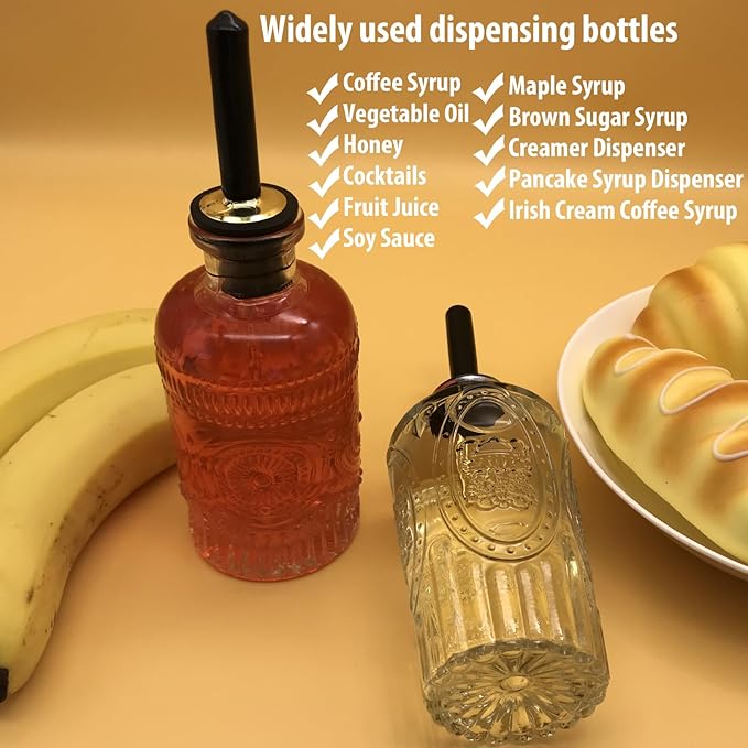 Glass Coffee Syrup Dispenser Bottles 7 OZ with Metal Pour Spout, 2-Pack Syrup Bottles Set with Funnel, Perfect for Maple, Honey Syrup, Oil, and Sauces - Coffee Bar Accessories