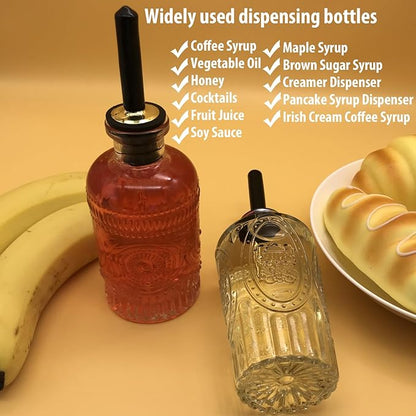 Glass Coffee Syrup Dispenser Bottles 7 OZ with Metal Pour Spout, 2-Pack Syrup Bottles Set with Funnel, Perfect for Maple, Honey Syrup, Oil, and Sauces - Coffee Bar Accessories