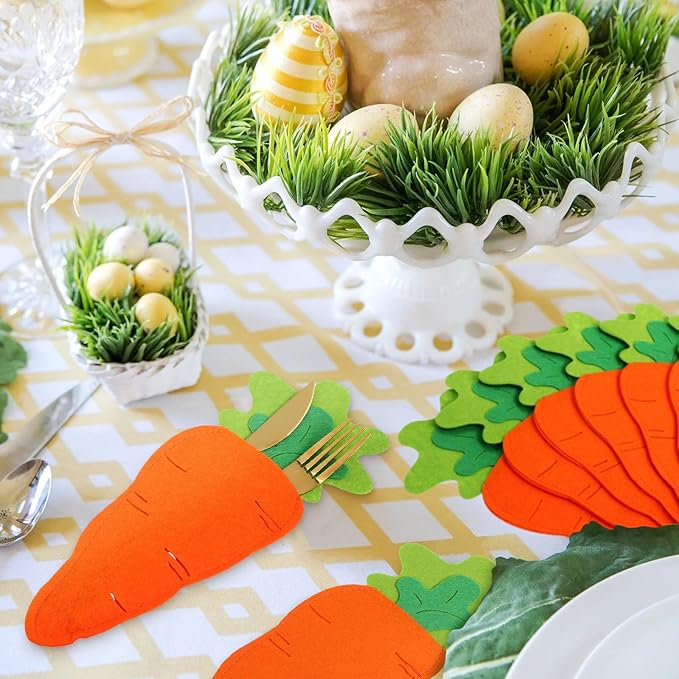 MAGICLULU 6pcs Easter Carrot Cutlery Holders, Felt Utensil Pouch Bags for Silverware, Reusable Carrot Shape Fork Sleeves, Whimsical Tableware Pockets for Spring Party & Easter Table Decor