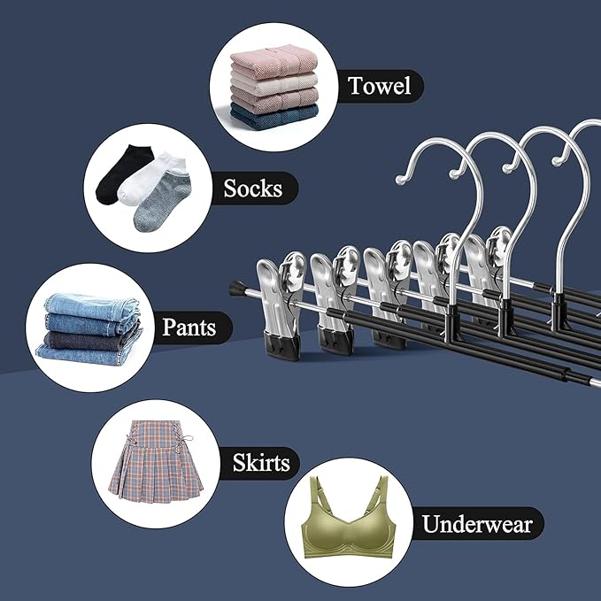 Pants Hangers with Clips 60 Pack Adjustable Skirt Hangers for Women Non-Slip Trousers Hanger for Jeans Clothes Hangers for Pants Heavy Duty Space Saving Shorts Hangers,Black,12Inch