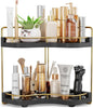 2-Tier Corner Bathroom Counter Organizer with Embedded Screw Holes, Secure & Stable Wood Vanity Shelf for Makeup and Skincare Essentials - Space Saving Bathroom Countertop Storage, Black Gold