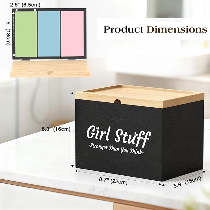 Luxspire Tampon Holder for Bathroom - Discreet Feminine Product Organizer with Lid & Wood Pad, Shark Week Tampon Storage Box, Stylish Girl Stuff Organizer for Bathroom, Black