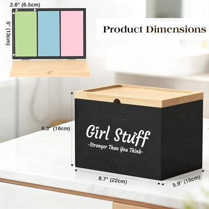 Luxspire Tampon Holder for Bathroom - Discreet Feminine Product Organizer with Lid & Wood Pad, Shark Week Tampon Storage Box, Stylish Girl Stuff Organizer for Bathroom, Black