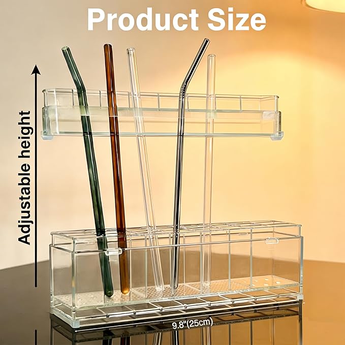 9.8 inch double-layer removable and washable Large Acrylic Cabinet Straw Holder Organizer with Traceless Nano Adhesive – Space-Saving Storage Rack for Cabinet Door, Clear Straw Cabinet Holder