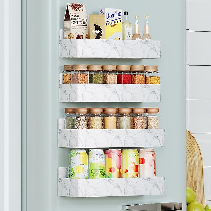 Mystozer Magnetic Spice Rack for Refrigerator, Kitchen Organizer and Storage Shelf, Marble(4 Pack)