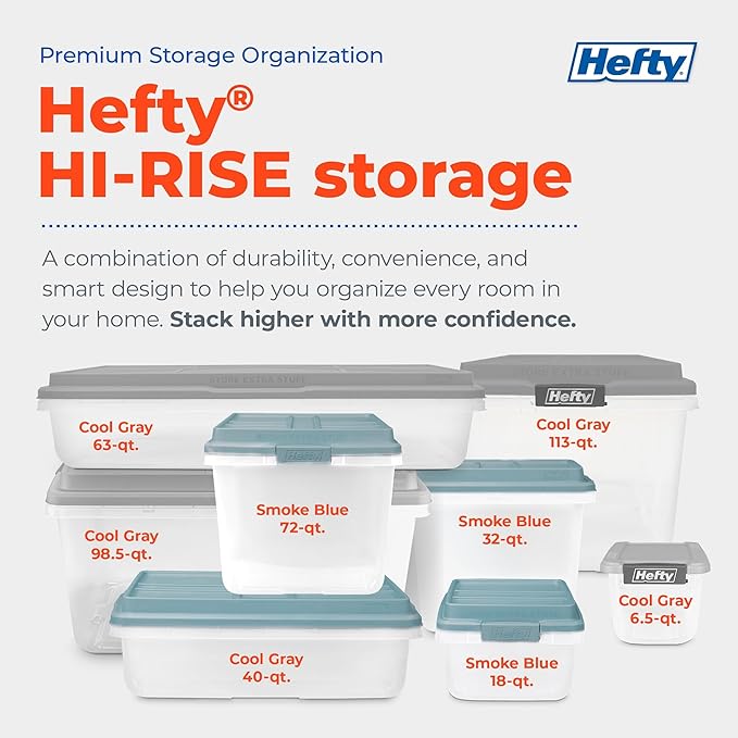 Hefty HI-RISE 40 Qt Stackable Storage Bins with Lids – 6 Pack Clear Plastic Under Bed Storage Containers, Shoe Organizer Boxes with XL Lid-Locking Latches, Comfort-Grip Handles, Durable Double Rim