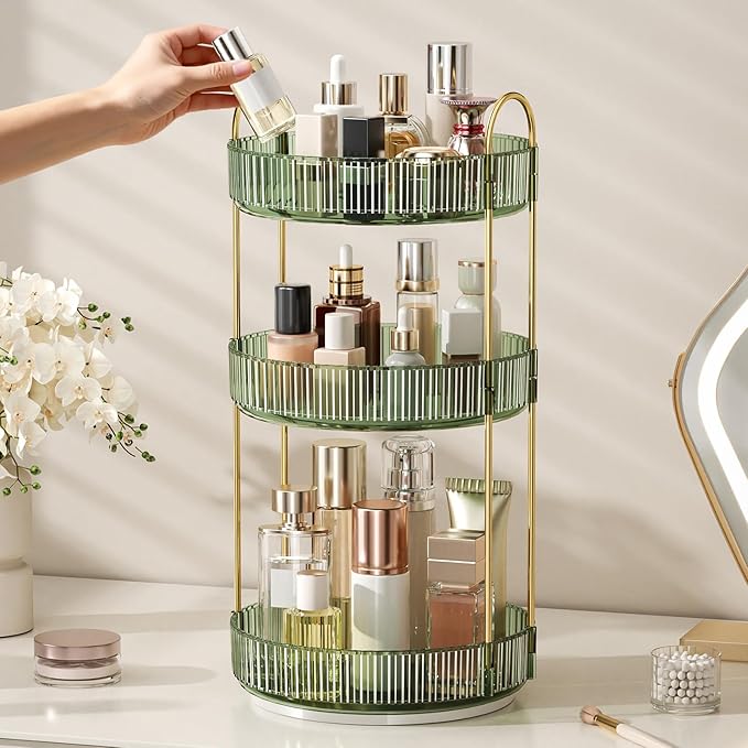 360° Rotating Makeup Organizer, Large Capacity Skincare Organizer, 3 Tier Cosmetic Skin Care Perfume Dresser Organizer, Fits Cosmetics, Perfume, Skin Care, Lipstick
