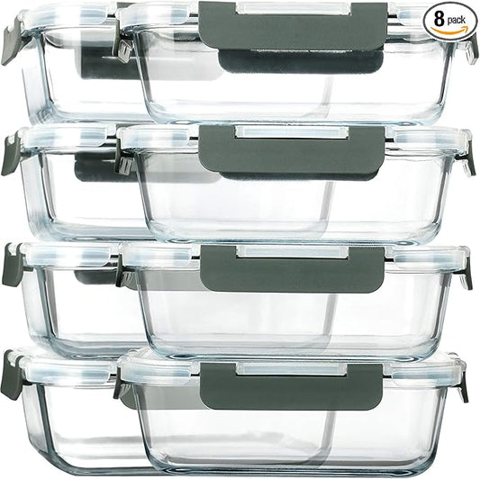 [8-Pack,30 oz]Glass Meal Prep Containers,Glass Food Storage Containers,Airtight lunch Containers with Lids, Microwave, Oven, Freezer and Dishwasher
