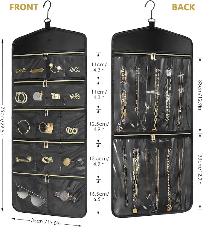 CHICECO Travel Jewelry Holder Organizer,Hanging Jewelry Organizer Storage with Zippered Pockets for Cloest,Jewelry Holder for Earrings, Necklaces（Black）