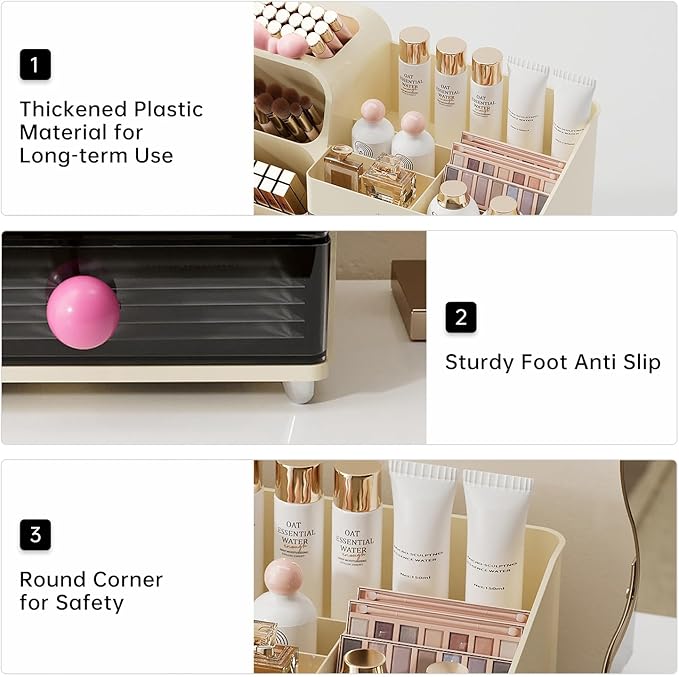 Makeup Organizer for Vanity with Brush Holder, Large Capacity Bathroom Countertop Skincare Organizer with 2 Drawers, Cosmetic Display Case for Perfumes, Eyeshadow Palettes, Nail Polishes