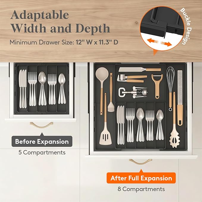Lifewit Silverware Drawer Organizer, Expandable BPA Free Utensil Tray for Kitchen, Adjustable Flatware and Cutlery Holder, Plastic Storage for Spoons Forks Knives, 12-20.3 x 11.3-19.4 x 1.7, Black
