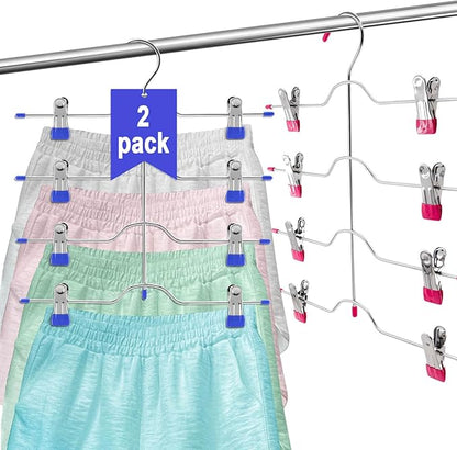 4 Tier Skirt Hangers Space Saving,Metal,Non Slip Closet Organizer and Storage Multi Clothes Shorts Hanger Organization Dorm Room Essentials (Pink+Purple 2Pack)