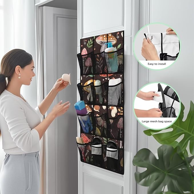 12-Pocket Over the Door Organizer,Space-Saving Hanging Rack for Shoes, Toys, Spices - Non-Woven Fabric with PVC Windows,Mushrooms