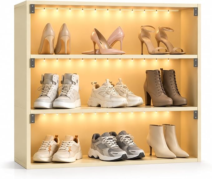 Sneaker Display Case with Lights featuring LED Intelligent Control Shoe Storage Box, Stackable LED Shoe Box Wood Shoe Display Case for Luxury Sneaker Storage (Beige 3-layer)