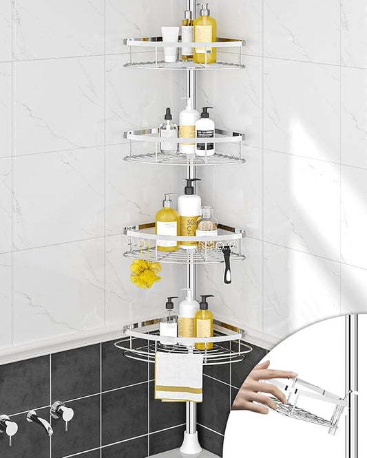 SEIRIONE Rustproof Shower Corner Caddy Organizer for Bathroom, 4 Adjustable Shelves with Tension Pole, for Bathtub Shampoo Accessories Storage Holder, 34 to 116 Inch Height, Silver