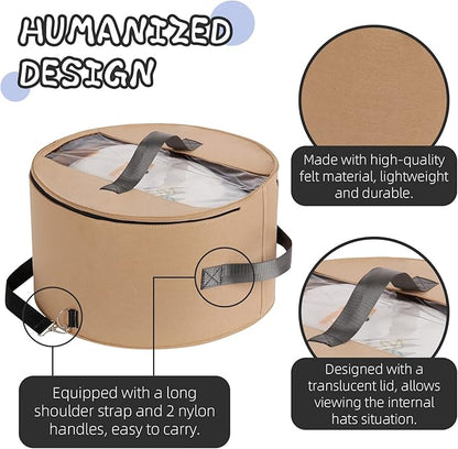 LitLandstar Hat Organizer Round Storage Box Portable Felt Container Foldable Hat Holder with Dust Proof Lid, Hat Rack for Closet or Travel (17" D x 10" H, Khaki)