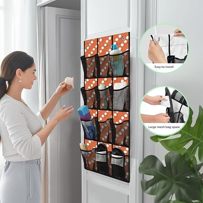 Extra Large 12-Pocket Storage Hanging Bag for Behind The Door, Heavy Duty Oxford Fabric, Waterproof Lightweight and Space-Saving Organizer for Home Use, Dots Print Orange