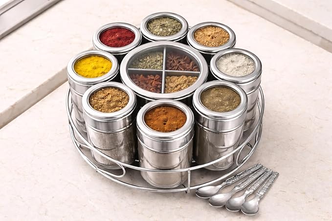12 in 1 Stainless Steel Masala Box with Stand | Kitchen Masala Dabba | Steel Spice Box with 8 Containers & 4-Section Center | 22 cm Diameter