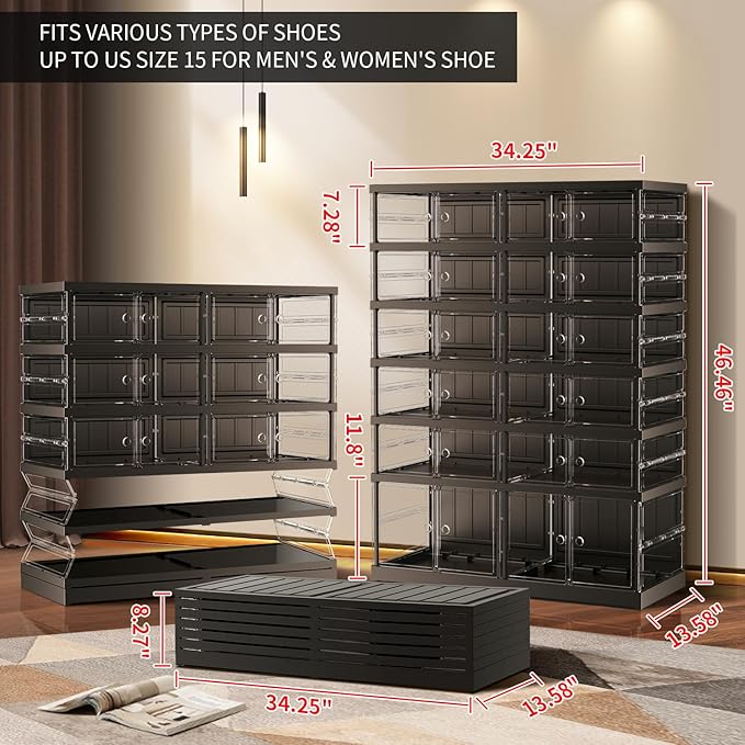 EHAMILY 6 Tiers 12-24 Pairs Foldable Shoe Rack for Closet Plastic Stackable Shoe Boxes for Garage Collapsible Shoes Shelf with Doors Storage Organizer Cabinet Quick Assembly,Black
