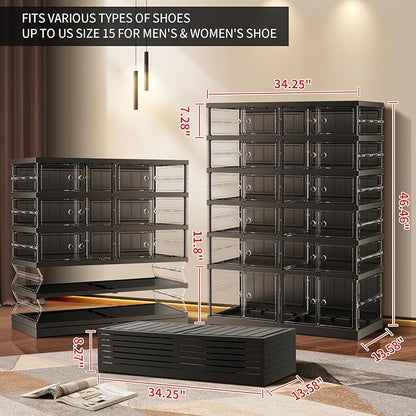 EHAMILY 6 Tiers 12-24 Pairs Foldable Shoe Rack for Closet Plastic Stackable Shoe Boxes for Garage Collapsible Shoes Shelf with Doors Storage Organizer Cabinet Quick Assembly,Black