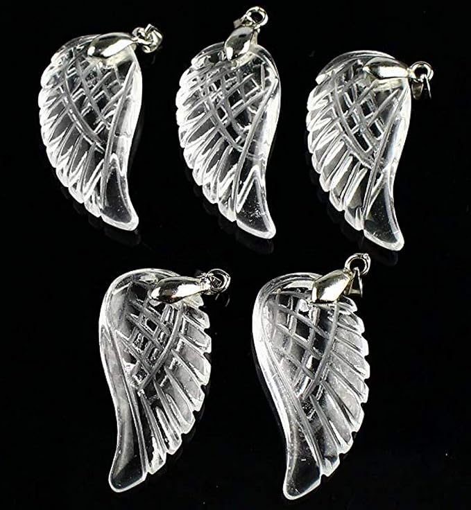 35mm Hand Carved Mixed gemstom Crystal Angel Wing for Necklace Pendant Bead (White Quartz)