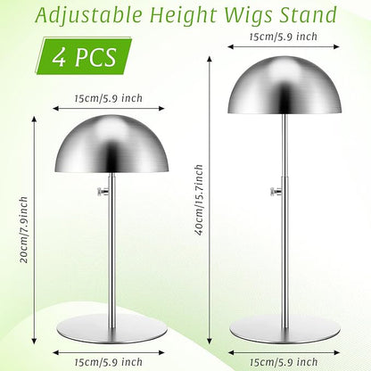 Sintuff 4 Pcs Hat Display Stand:adjustable 7.9-15.7inch Wigs Head Holder Stand Non Slip Stainless Steel Metal Rack for Multiple Hats Wig Storage Styling Practice(Silver,Round Base)
