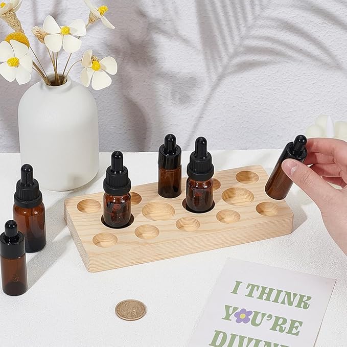 BENECREAT Essential Oil Display Stand, Wooden Essential Oil Organizer, Tabletop Storage Holder for 5-20ml Bottles, Nail Polish Compact Shelf, 3.5x7.8x0.8 inches