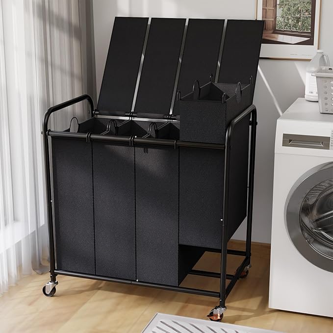 180L Laundry Sorter 4 Section – Heavy Duty Rolling Laundry Basket with Lockable Wheels and Lid, 4 Large Separate Removable Bags, Laundry Hamper Cart for Laundry Room Organizer (Black)