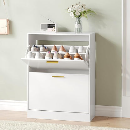 Shoe Cabinet with 2 Flip Drawers, White Shoe Cabinet Storage for Entryway, Modern Shoe Organizer Wood, Freestanding Small Thin Shoe Racks with Doors, White