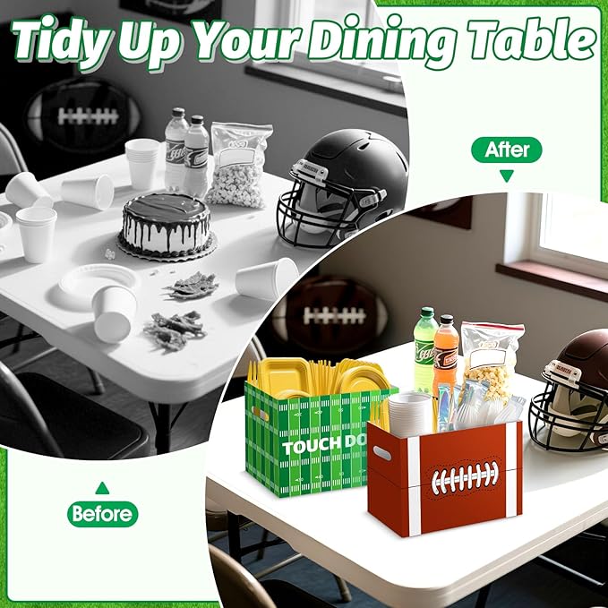 2PCS Football Utensil Holder Paper Utensil Caddy for Football Party Supplies Cutlery Holder with Handles Green Brown Party Favors Snack Box Disposable Cutlery Caddy for Sports Birthday Decorations