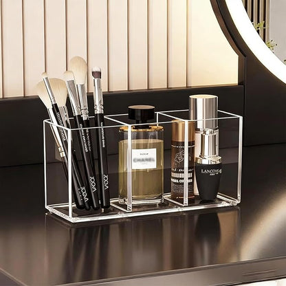 Makeup Brush Holder, Clear Acrylic Organizer for Women & Girls, 7.1x2.8x3.5in Desk Storage for Makeup Brushes & Cosmetic Tools, Easy Access (Clear -3)