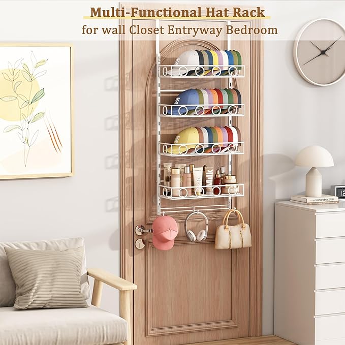 Over Door Hat Organizer 5 Tier Wall Mounted Hat Rack with 4 Adjustable Metal Basket and 3 Hooks Hat Organizer for Baseball caps Hat Hanger Holder Display for Door Closet Cap Organizer Storage