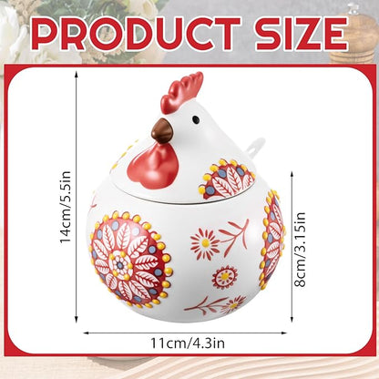 Ceramic Salt Cellar with Lid and Spoon, 13 oz Large Chicken Salt Jar, Chicken Sugar Containers for Countertop, Decorative Kitchen Holder for Coffee, Pepper, Seasonings, Spices, Candy(Red)