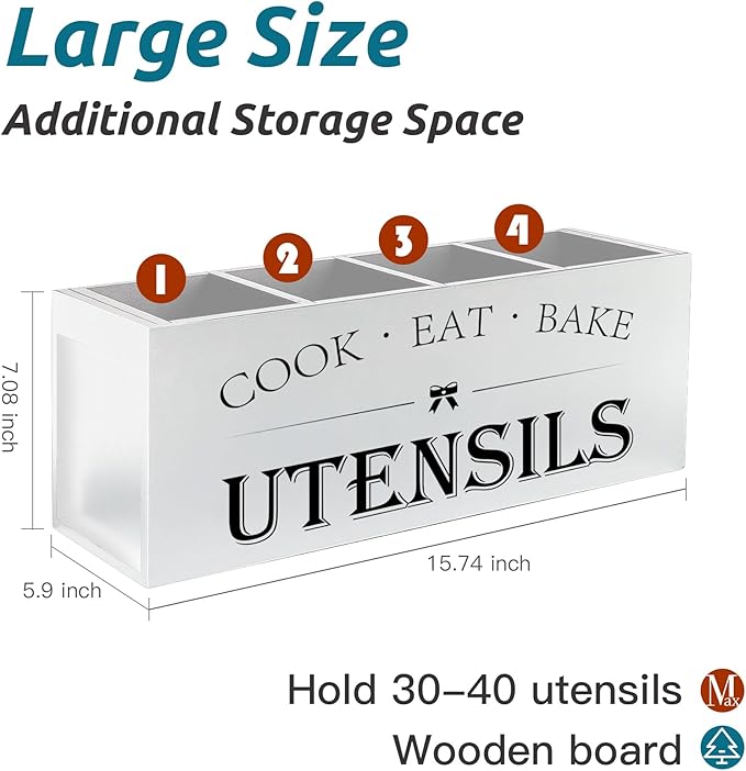 Suli Extra Large Kitchen Utensils Holder with 4 Compartments (White)
