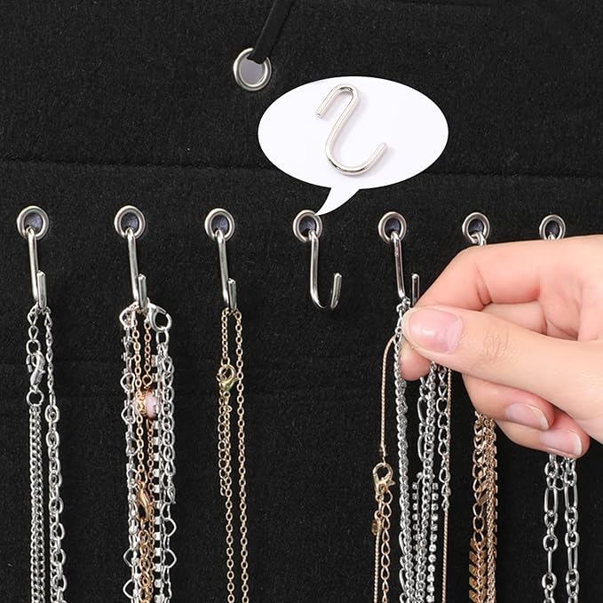 Hanging Jewelry Organizer Storage with 24 Hooks Wall Mounted Jewelry Display Hanging on Door Closet Necklace Holder for Bracelet Ring Chain-Patent Design (Black)