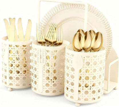 NelyBet Utensil Caddy Silverware Holder Fork Spoon Napkin Paper Plate Organizer Metal Utensil Holder Cutlery Flatware Organizers for Party Kitchen Countertop Camping Picnic - Cream Mesh