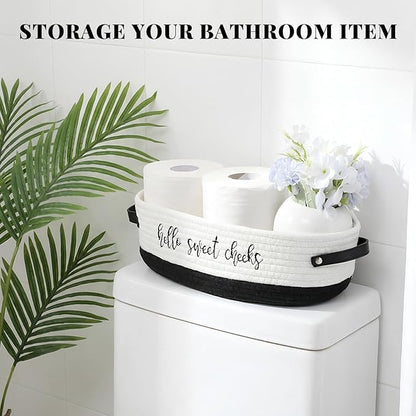 Hello Sweet Cheeks Bathroom Decoration Black and White Cotton Rope Toilet Basket Toilet Paper Holder Basket Rustic Bathroom Organizer Farmhouse Home Decoration Organizing Small Baskets