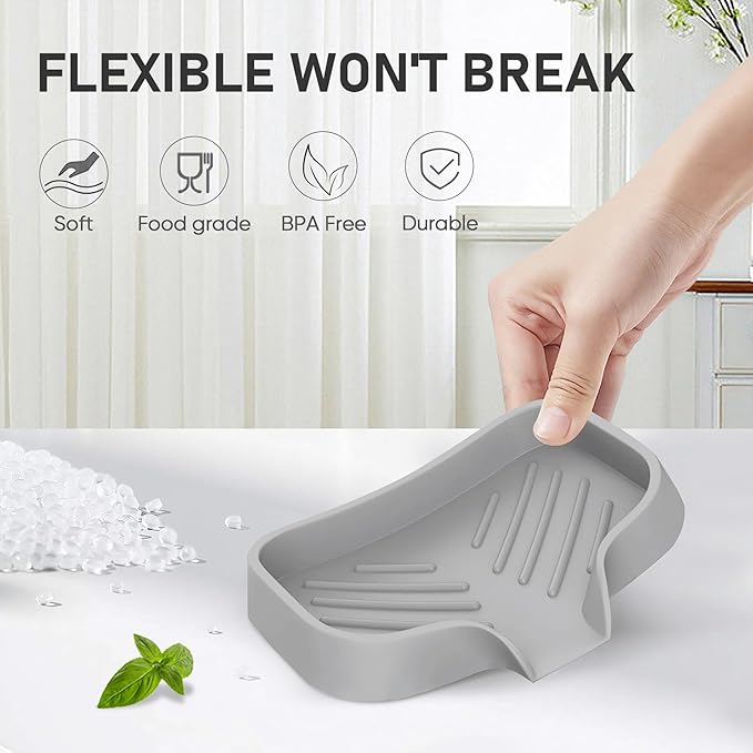Silicone Soap Holder, 4 Pcs Thickened High-Purity Silicone, Self-Draining Soap Tray for Shower (Gray)