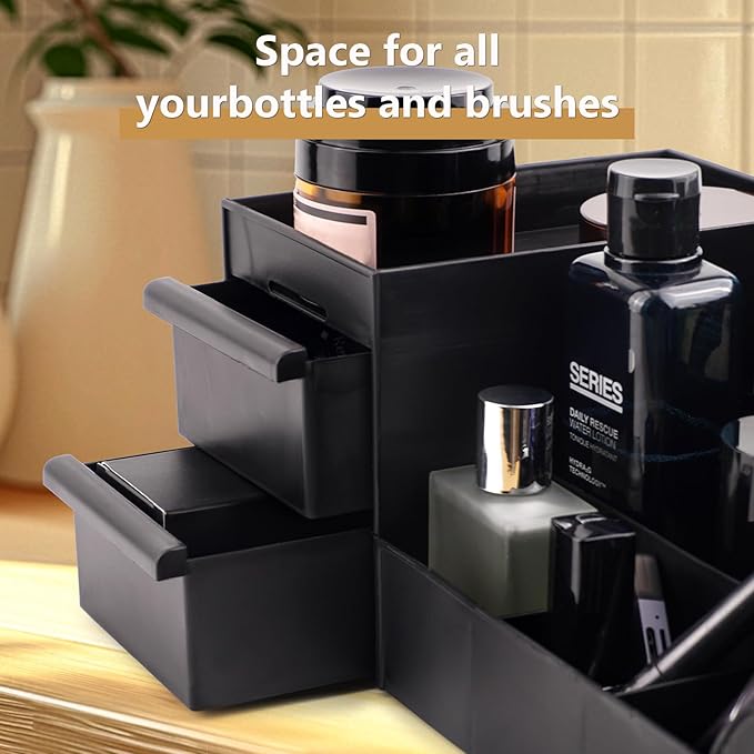 Black Vanity Organizer with Drawers – Large Mens Countertop Storage Box for Cologne, Skincare, Makeup, Perfume – Waterproof Dresser Organizer for Bathroom, Bedroom, Desk