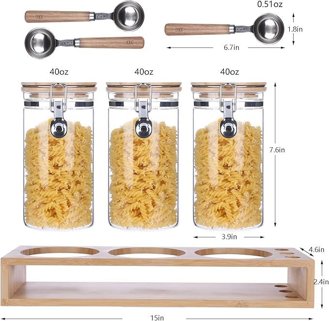 KKC Glass Coffee Container Set of 3 with Bamboo Lids & Spoons | 40oz Airtight Coffee Bar Accessories & Organizer for Countertop | Clear Sugar and Coffee Canister Set for Ground Beans & Tea