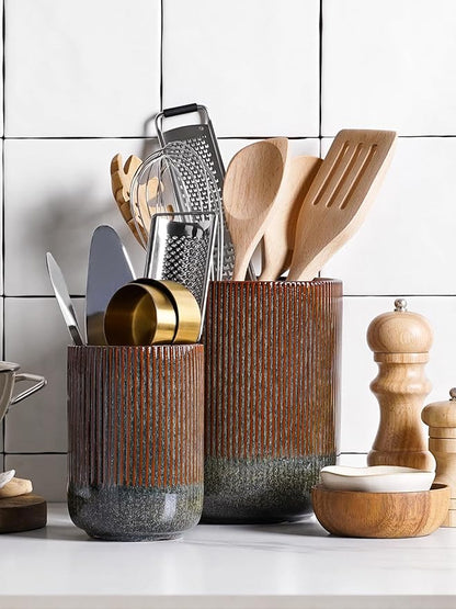 LE TAUCI Utensil Holder for Kitchen Counter, 7.3"+5.4" Fluted Ceramic Utensil Crock Organizer for Countertop, Heavy Large Holder for Spatulas, Spoons, Set of 2, Olive Brown Marble