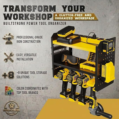 BUILTSTRONG Power Tool Organizer Wall Mount – 3-Tier Heavy-Duty Steel Rack, 4 Drill Slots, Pegboard + Utility Side, 100 lb Capacity – Garage, Workshop & Shed Storage (Yellow)