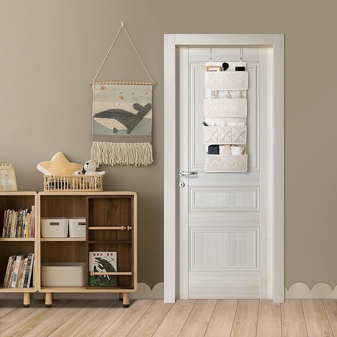 janebeauties Over the Door Organizer Macrame Boho Nursery Storage with 4 Large Woven Pockets, Hanging Basket for Bathroom, Nursery & Closet Doors, Behind the Door Storage Organizer, Cream White