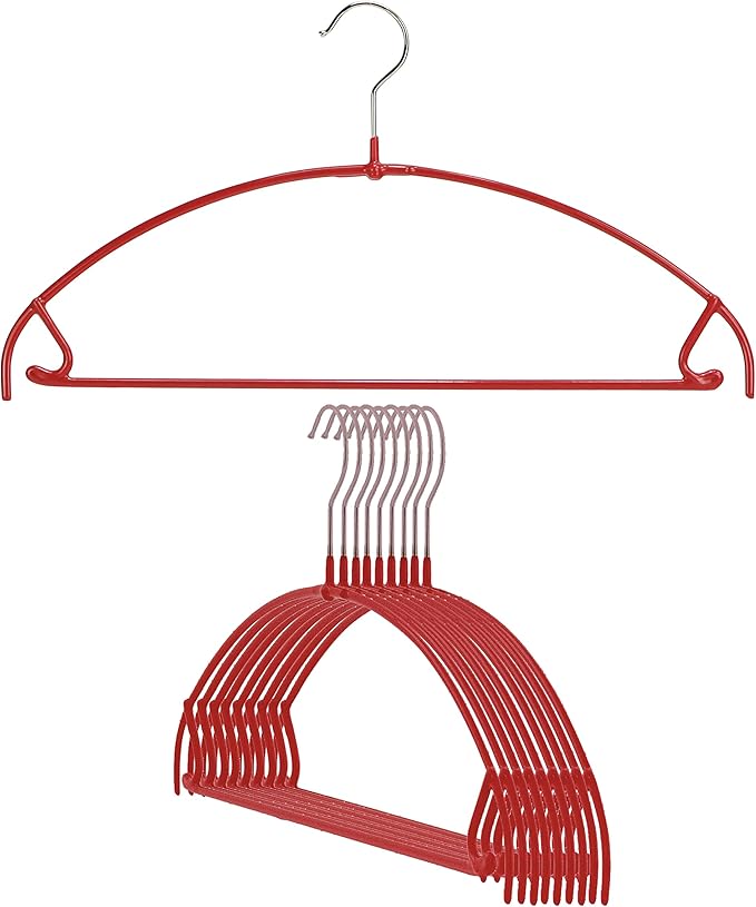 Mawa by Reston Lloyd Euro Ultra Light/Thin Series, Non-Slip Space Saving Clothes Hanger with Bar & Hook for Pants and Skirts, Style 42/PTU, Set of 10, Red
