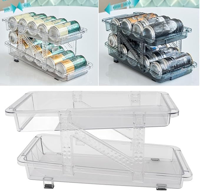 HERCHR Stack Can Dispensers, Rolling Soda Can Organizer 2 Layer Clear Expandable Beverage Rack Automatic Rolling Beer Holder Display for Fridge Pantry Freezer