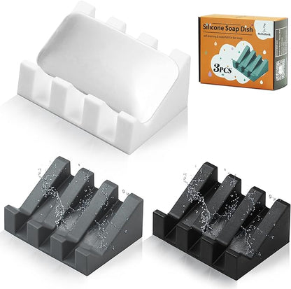 3 Pack Self Draining Silicone Soap Dish with Suction Cups - Non-Slip Bar Soap Holder for Shower & Kitchen, Waterfall Tray Keeps Soap Dry, Easy Clean, Extends Soap Life (White-Gray-Black)