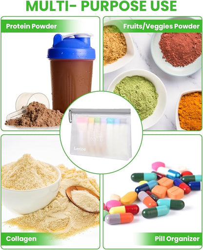 Lerine Protein Powder Travel Container Set, Reusable Protein Powder Container To Go, 21Pcs Single Dose Bags & 3Pcs Large Zip Bags, Portable Supplement Storage Containers with Funnel, Spoon