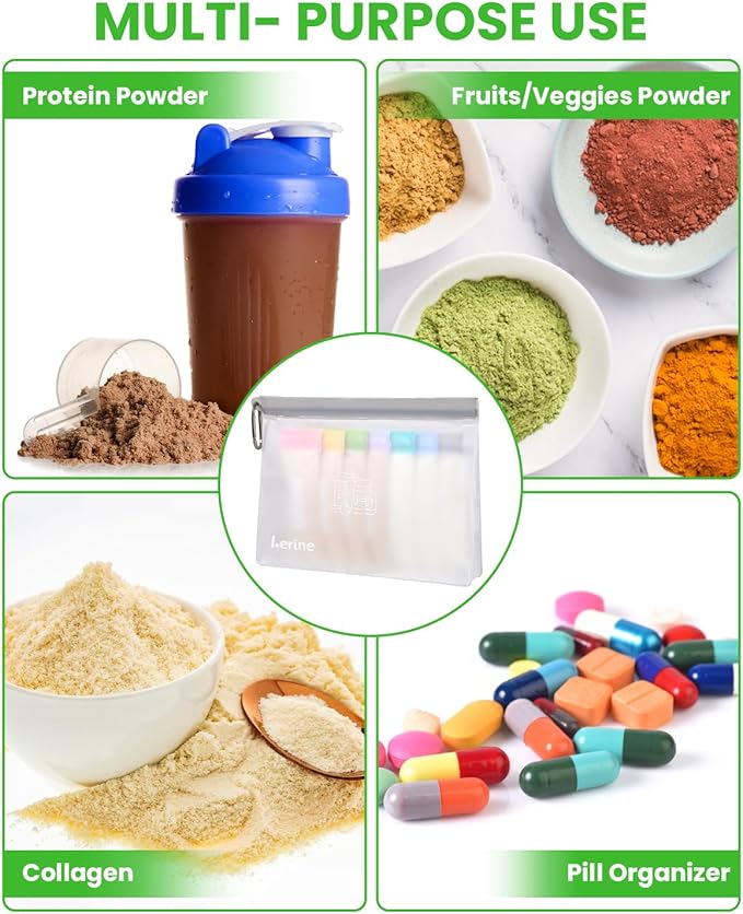 Lerine Protein Powder Travel Container Set, Reusable Protein Powder Container To Go, 35Pcs Single Dose Bags & 5Pcs Large Zip Bags, Portable Supplement Storage Containers with Funnel, Spoon